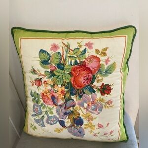 Vintage Embroidered Floral Pillow Raised Flowers Green Trim 16in CottageCore